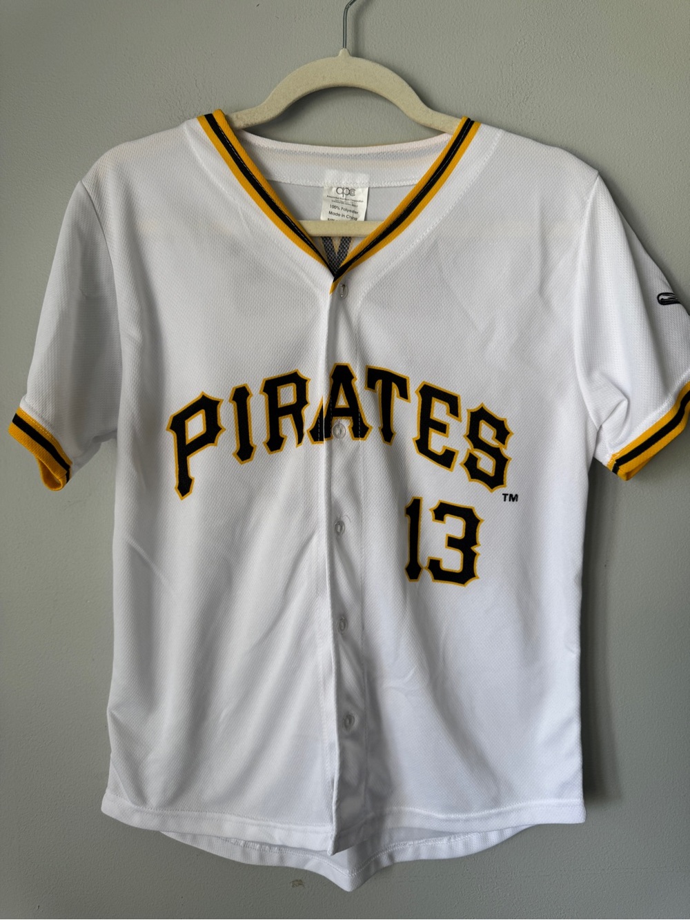Kids Pirates White & Yellow Baseball Jersey with Number 13